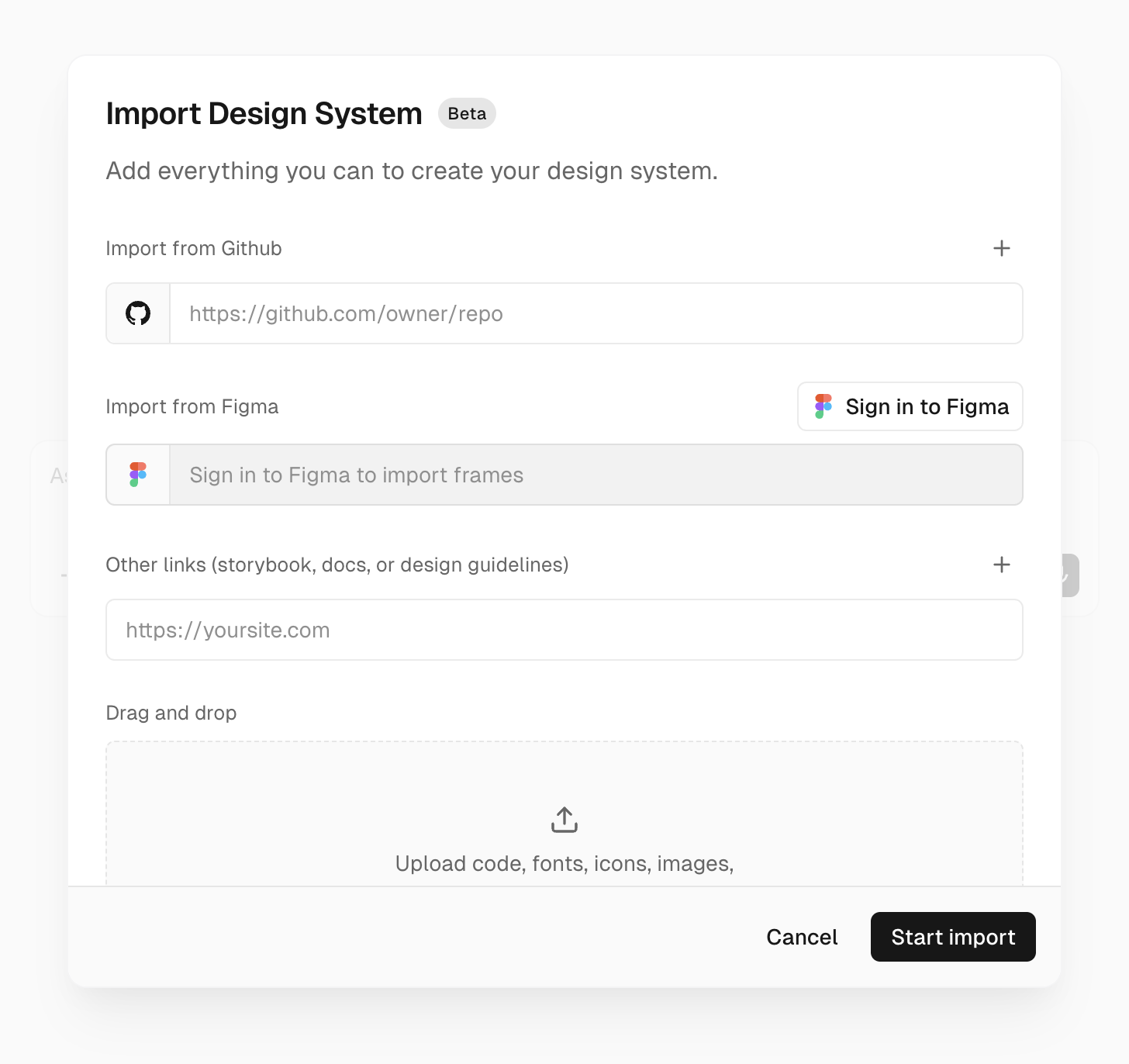 Import Design System form with GitHub, Figma, links, attachments, notes, and environment variables